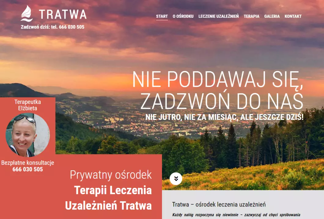 Zrzut ekranu strony Prywatny Ośrodek Terapii Leczenia Uzależnień Tratwa