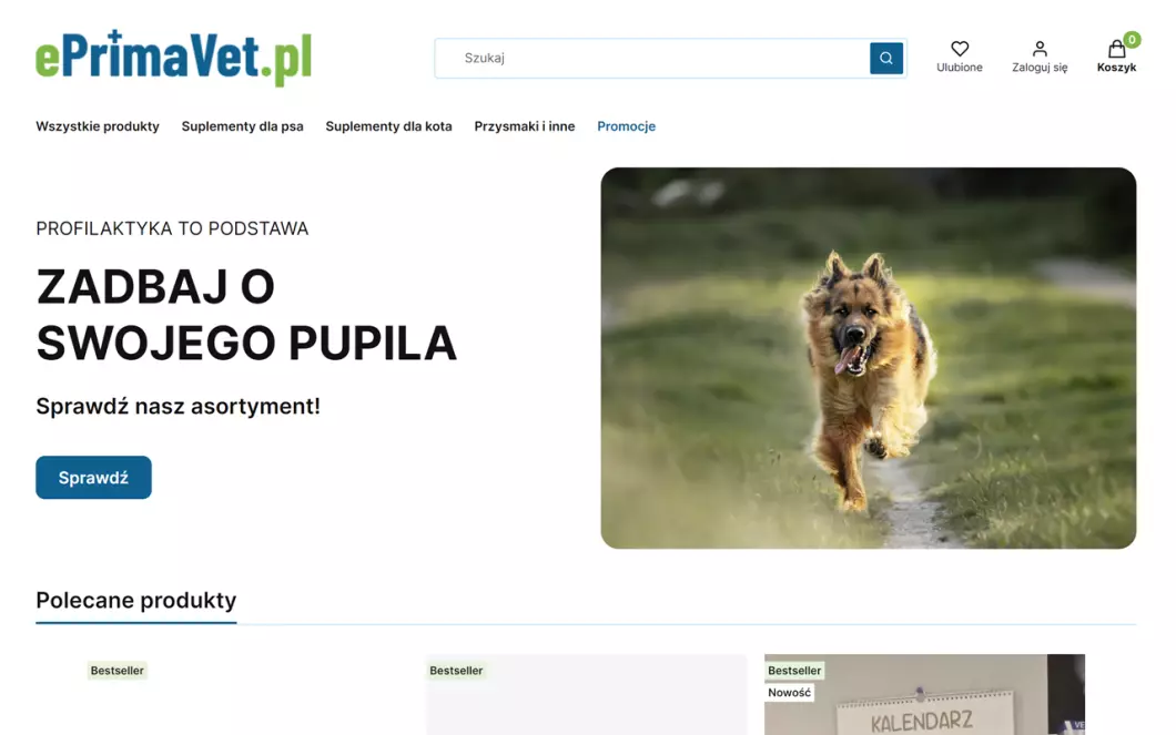 Zrzut ekranu strony Suplementy dla zwierząt | ePrimaVet