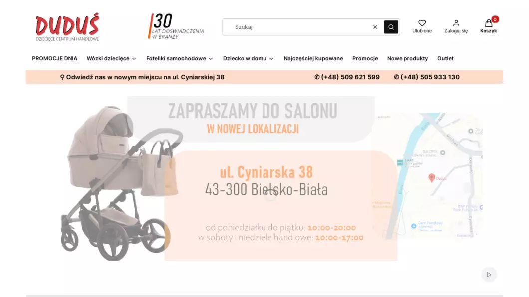 Zrzut ekranu strony Wózki, foteliki samochodowe dla dzieci | Dziecięce centrum handlowe DUDUŚ